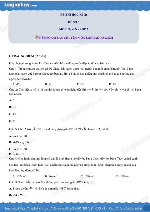 Đề thi học kì 2 Toán 7 - Đề số 3 - Kết nối tri thức